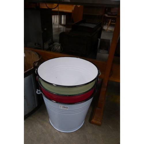 2042 - Three enamel buckets