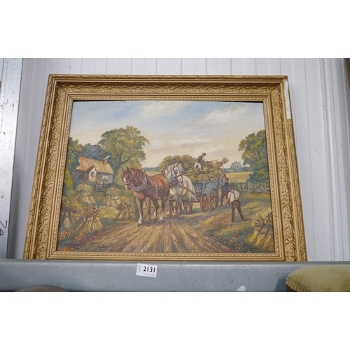 2131 - A gilt frame oil on board, signed bottom left, Horses and hay cart