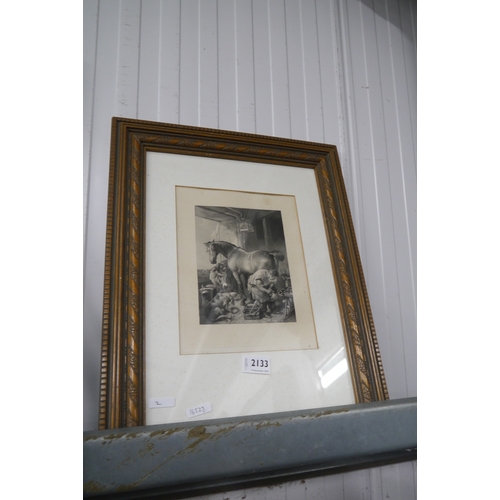 2133 - A framed engraving.  After Sir Edwin Landseer, inside the Blacksmiths shop