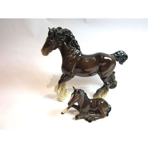 6048 - A Beswick cantering Shire in brown gloss, model no. 975 together with a Beswick Foal lying in brown ... 