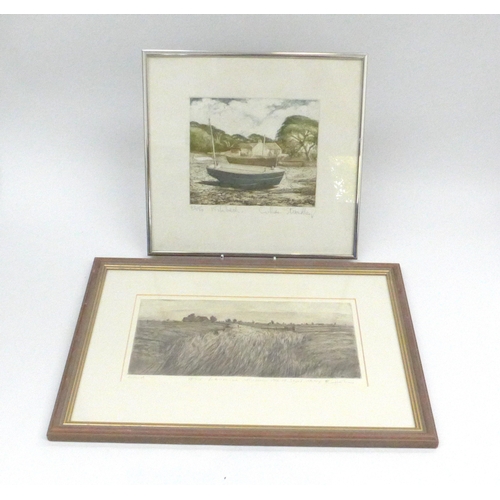 1033 - Two framed original artist etching prints, one of a landscape field, indistinctly signed and one by ... 