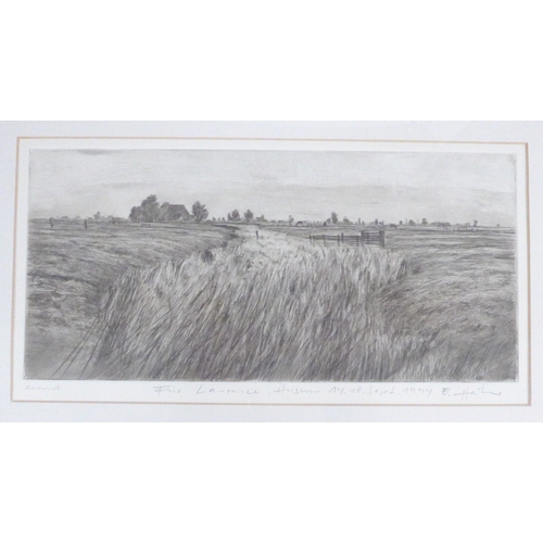 1033 - Two framed original artist etching prints, one of a landscape field, indistinctly signed and one by ... 