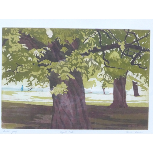 1053 - VALINE DANIEL (XX) A framed and glazed artists proof coloured etching titled 'Regents Park'. Pencil ... 