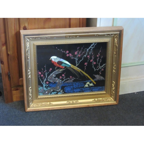 1077 - A mixed media of bird of paradise with blossom, framed and glazed, 32cm x 38cm image size