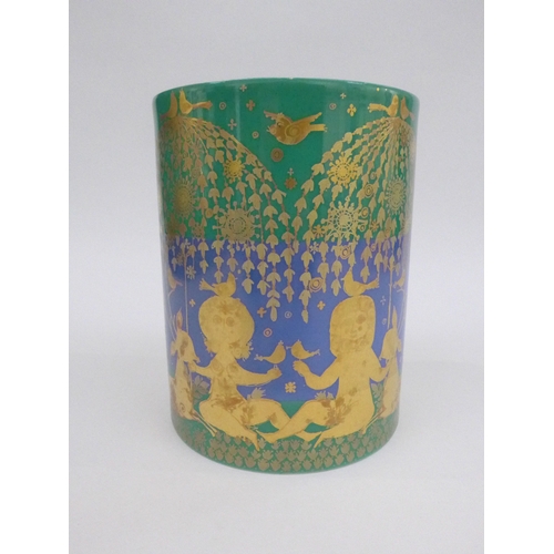 1289 - A Rosenthal porcelain cylindrical vase designed by Bjorn Wiinblad Studio Linie range with gilded Pea... 