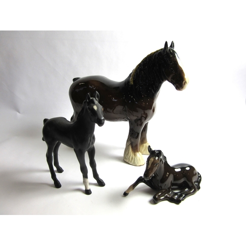 6049 - A Beswick Shire Mare in brown gloss, model no. 818 (ear restored), together with a Beswick Foal lyin... 