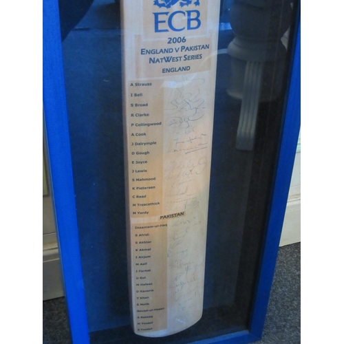 1010 - A 2006 England vs Pakistan NatWest Series full size cricket bat, fully signed, in glass case