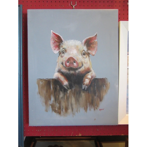 1036 - JOHN RYAN: An acrylic on canvas of a Happy Pig, 52cm x 40cm