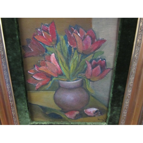 1041 - RUSU LULIAND A still life oil  on canvas of tulips in a vase, signed lower right, Green velour surro... 