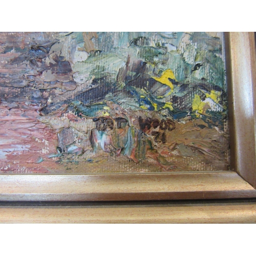 1069 - PAT WOOD: Woodland scene. Impasto oils on canvas. Signed and dated 1971 lower right. Gilt framed. 45... 