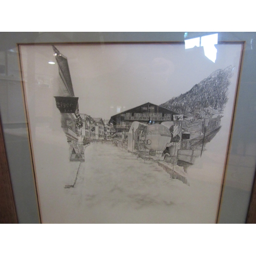 1105 - A pencil drawing of a Continental alpine street scene. Indistinctly signed lower right. Framed and g... 