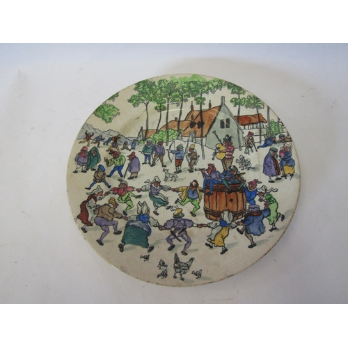 1395 - A Longwy pottery charger, transfer printed and painted with a crowd of villagers, 22cm diameter