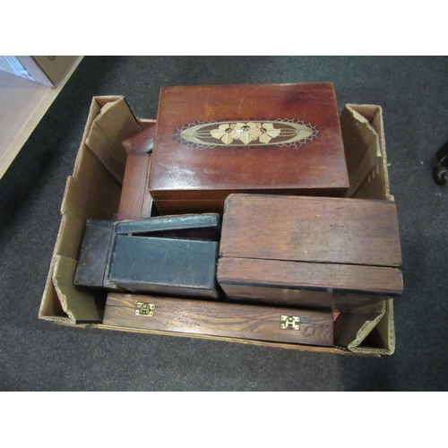 1173 - A selection of wooden work boxes and a metal box with key