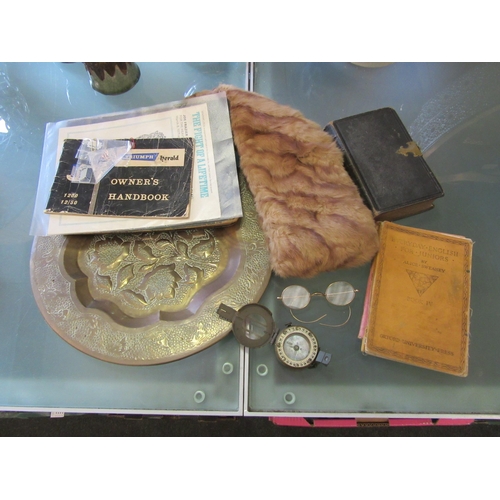 1197 - A brass tray, various ephemera and a compass etc.