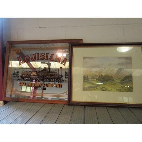 1226 - Three watercolours of rural scenes, a Louisiana Steamboat Company wall mirror and an oleograph of pr... 