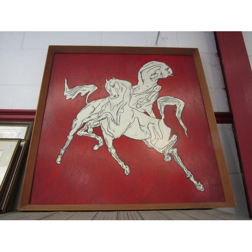 1247 - A framed acrylic on board of stallions on red background signed bottom right GEK, image size 79cm x ... 