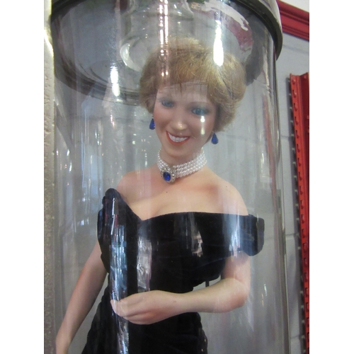 1261 - A galvanised steel and glass stand with a Princess Diana doll and faux roses, stand 90cm tall