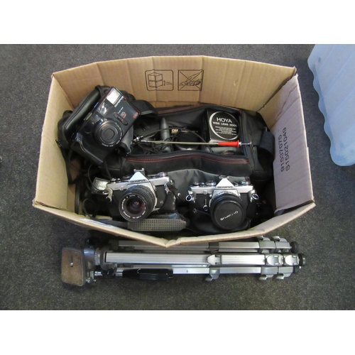 1266 - A box of photographic equipment including Olympus OM1 and OM2 SLR cameras, AZ-1 zoom, various lenses... 