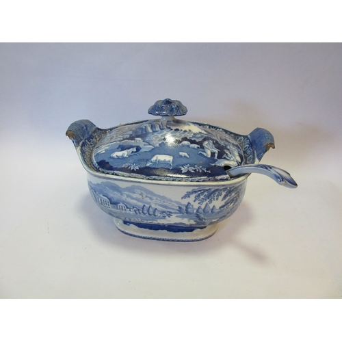 1003 - Two Victorian blue and white soup tureens a/f, one with associated ladle,  and one with lion head kn... 