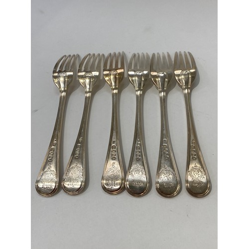 7087 - Six George III Richard Crossley large silver forks in old English thread pattern, monogrammed and cr... 