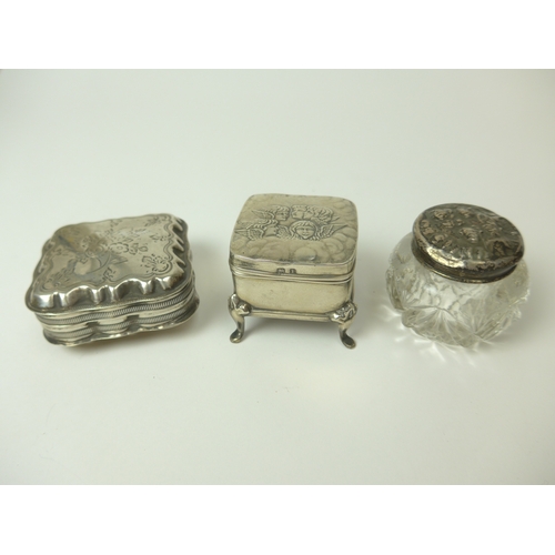 7126 - Two silver trinket pots of square form and a silver lidded glass pot (3), 5cm, 4cm long