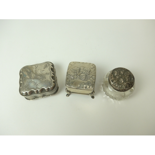 7126 - Two silver trinket pots of square form and a silver lidded glass pot (3), 5cm, 4cm long