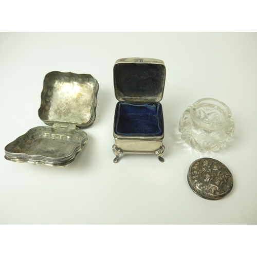 7126 - Two silver trinket pots of square form and a silver lidded glass pot (3), 5cm, 4cm long