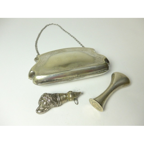 7116 - A silver plated purse, seal stamp marked 800 and a silver whistle in the form of a dog's head, Birmi... 