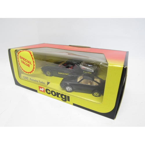 9438 - Four boxed Corgi Little & Large diecast car set to include Ford Cobra Mustang (box worn), 1380 Ferra... 