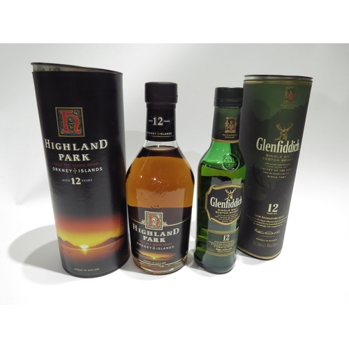 8071 - Highland Park 12 Year Old Orkney Islands Single Malt Scotch Whisky 700ml in tube. Glenfiddich 12 Yea... 