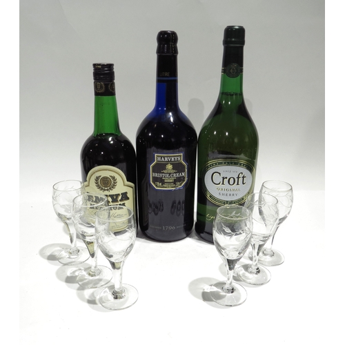 8298 - Croft Original Sherry, Emva Medium Pale Mature Sherry, Harvey's Bristol Cream Sherry 1Ltr with a set... 