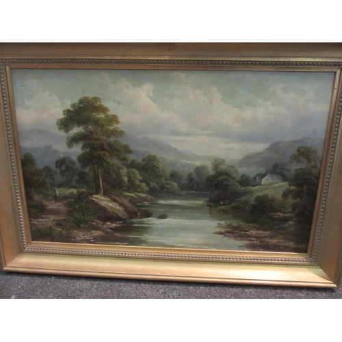 4024 - T. TREVOR (XIX): A pair of oils on canvas, river landscapes with cattle watering, a farmstead and mo... 