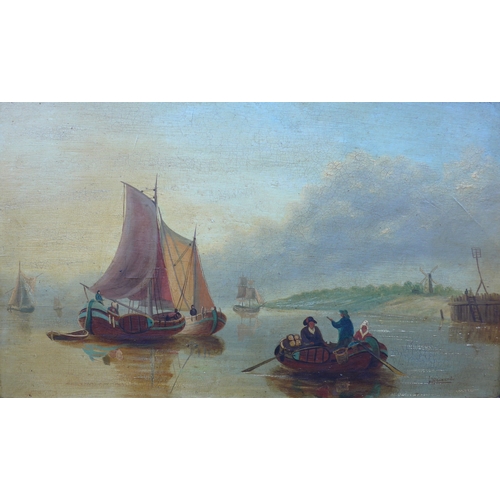 6018 - A 19th Century school oil on canvas, seascape with figures rowing out to a larger boat. Signed botto... 