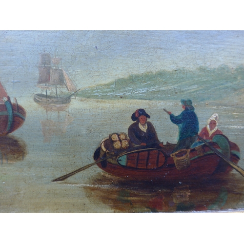 6018 - A 19th Century school oil on canvas, seascape with figures rowing out to a larger boat. Signed botto... 