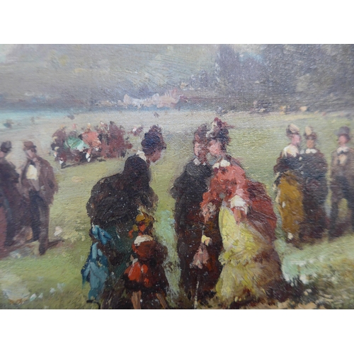 6003 - In the manner of Henri Saint-Meuris, an oil on canvas, French summer scene of figures gathered at ri... 