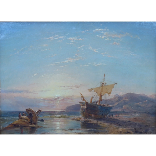 6014 - WILLIAM CLARKSON STANFIELD (1793-1867) An oil on panel, beached sailing vessel, sunset, 26.5cm x 36.... 