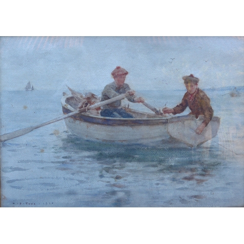 6044 - HENRY SCOTT TUKE (1858-1929): A watercolour 'Whiffing for Pollack', two young men in rowing boat fis... 