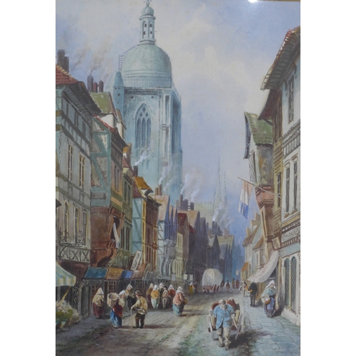 6048 - E. LASCELLES (XIX): A pair of watercolours of street scenes 'Chartres' and 'Rouen', 38cm x 26.5cm, f... 