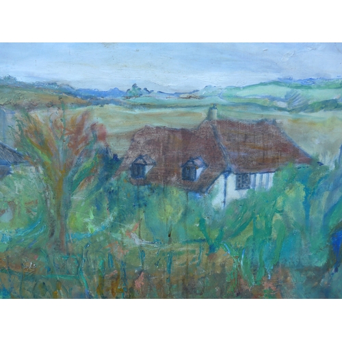 6075 - A late 20th century oils on board, landscape with cottage. Unsigned work. Label verso for Nason Part... 