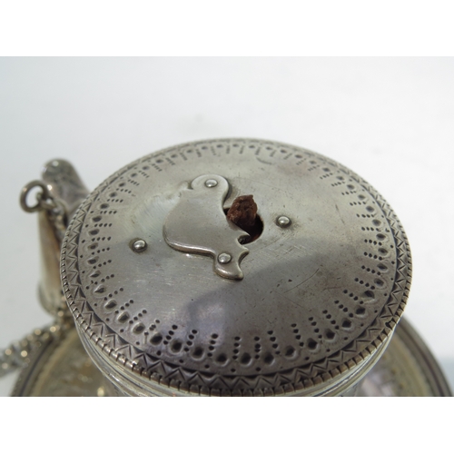 7074 - A George III William Simons silver barrel-form wax jack chamber stick with snuffer, initialled and d... 