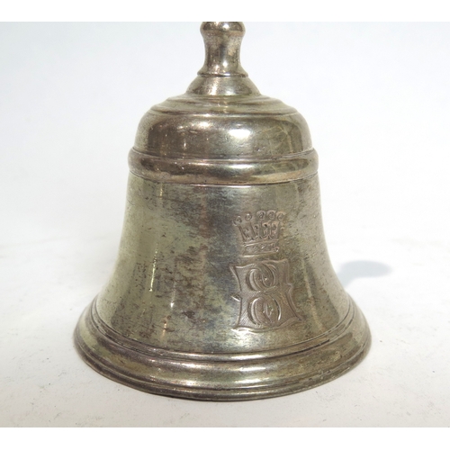 7075 - A Georgian silver bell with crown crest, marks undecipherable, 11cm tall.  120g