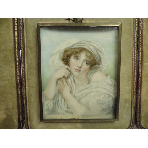 7062 - A portrait on ivory of young woman in white silk, signed H. Brodrick after Greuze, 9cm x 7cm     IVO... 