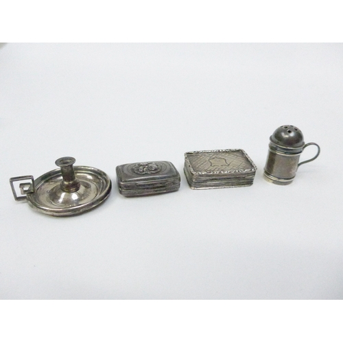 7125 - Two silver vinaigrettes (one with hinge a/f) a miniature silver chamber stick, and a silver miniatur... 