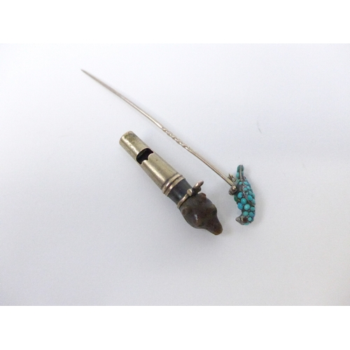 7033 - A small whistle with a dogs head finial and a stickpin with turquoise-set finial as a bird (2)