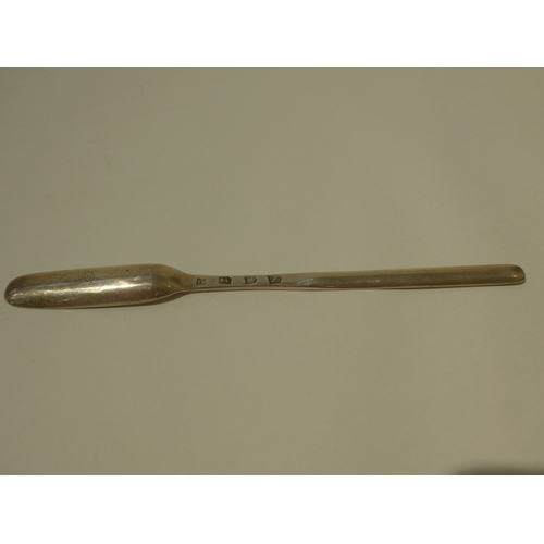 7016 - A George II silver marrow scoop, maker EP, London 1728, bowl initialled 'E', 23cm long, 57g