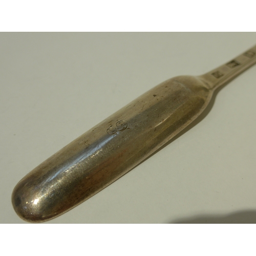 7016 - A George II silver marrow scoop, maker EP, London 1728, bowl initialled 'E', 23cm long, 57g