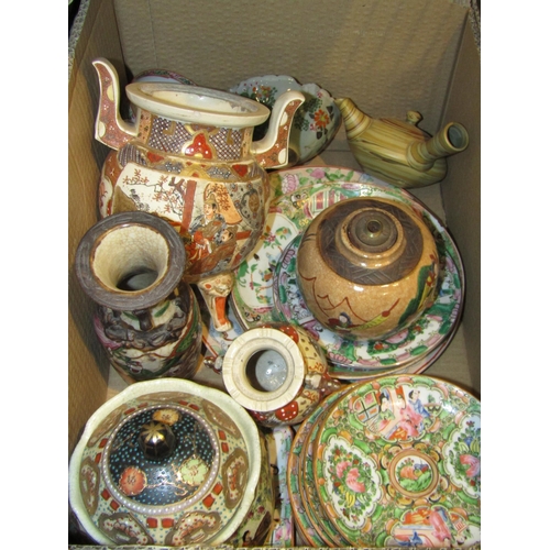 4505 - A box of miscellaneous Canton and Satsuma ceramics to include plates, bowls and vases, etc.