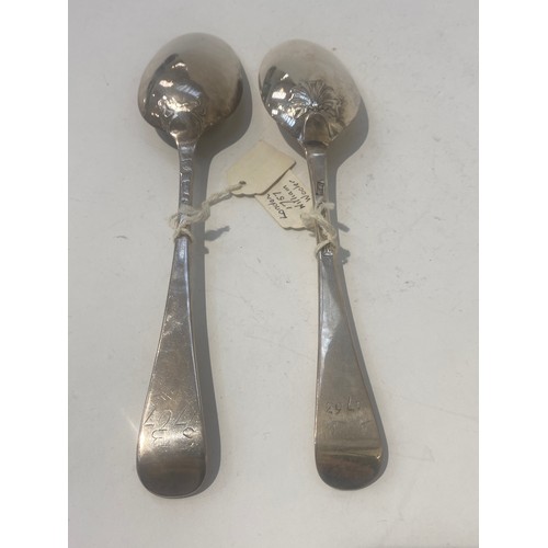 7161 - Two early George III silver serving spoons with dates to handles 1763 and 1767, both with fancy back... 