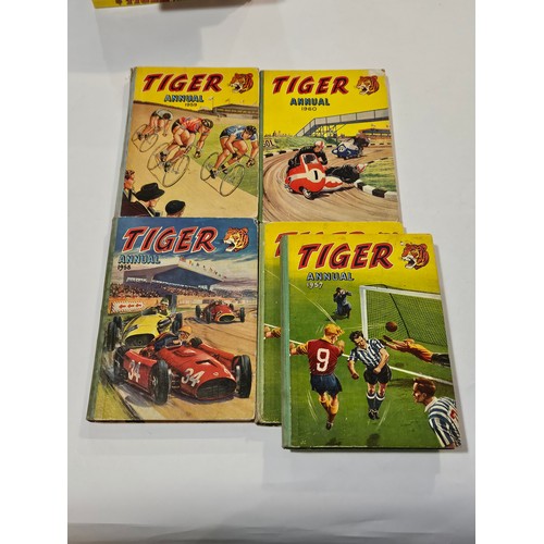 9037 - A box of mid 20th Century 'Tiger' and 'Lion' hardback annuals, includes Tiger 1957-62, 1965-69 and L... 