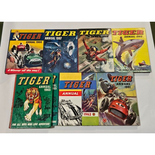 9037 - A box of mid 20th Century 'Tiger' and 'Lion' hardback annuals, includes Tiger 1957-62, 1965-69 and L... 